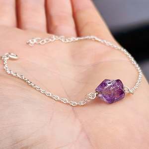 Solid 925 Sterling Silver & Raw Natural Amethyst Chain Bracelet