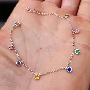 Sterling Silver Bracelets Bangles: Solid 925 Sterling Silver & Colored Round CZ Chain Bracelet