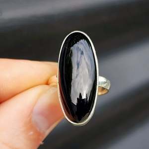 Rings: Solid 925 Sterling Silver & Long Oval Black Onyx Handmade Solitaire Ring