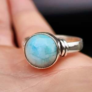 Solid 925 Sterling Silver & Natural Larimar Handmade Round Solitaire Ring