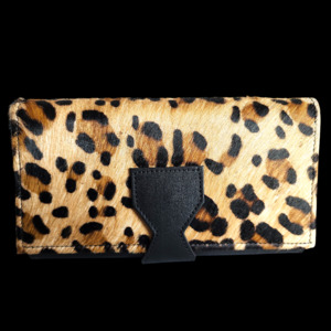 Leather Wallets Purses: Genuine Leather &Cow Hair Purse - Black Leopard