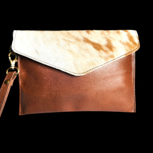 Leather Wallets Purses: Genuine Leather & Cow Hair Clutch Purse - Brown + Cow Hair