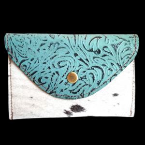 Genuine Leather & Cow Hair Coin Purse - Turquoise