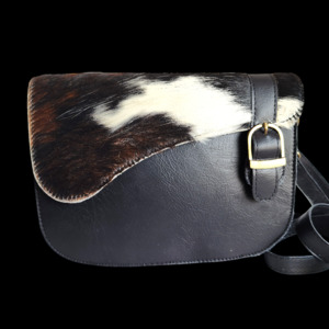 Leather Bags: Genuine Leather & Cow Hair Shoulder Handbag - Black + Hair