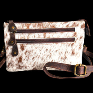 Leather Bags: Genuine Leather & Cow Hair Rectangle Shoulder Bag - Brown + Hair