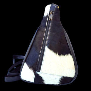 Leather Bags: Genuine Leather & Cow Hair Sling Bag / Cross Body Bag - Black & White