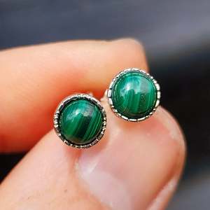 Earrings: Solid 925 Sterling Silver & 7mm Natural Malachite Round Stud Earrings