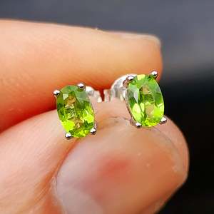 Earrings: Solid 925 Sterling Silver & 6mm Natural Peridot Oval Stud Earrings