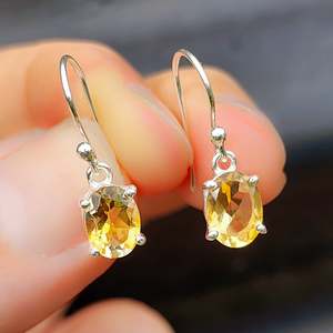 Earrings: Solid 925 Sterling Silver Clawed Citrine Stone Hook Earrings