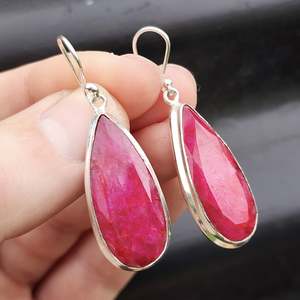 Earrings: 925 Sterling Silver & Natural Ruby Drop Handmade Hook Earrings