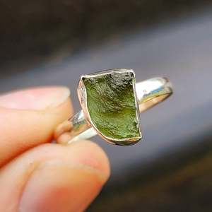 (T) Solid 925 Sterling Silver & Natural Raw Moldavite Handmade Irregular Ring