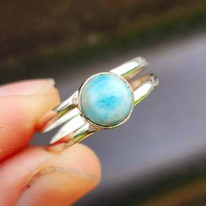 Solid 925 Sterling Silver & Natural Larimar Double Band Ring