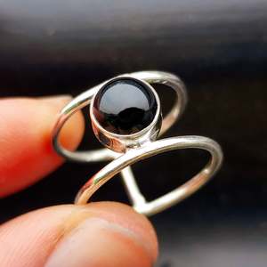 Rustic Handmade Solid 925 Sterling Silver & Natural Black Onyx Double Band Ring