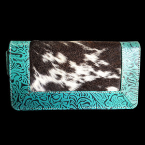 Leather Wallets Purses: Genuine Leather & Cow Hair Hand Tooled Purse - Turquoise