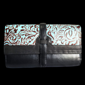 Leather Wallets Purses: Genuine Leather Hand Tooled Purse - Black & Turquoise