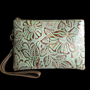 Leather Wallets Purses: Genuine Leather Hand Tooled Clutch Purse - Brown & Green