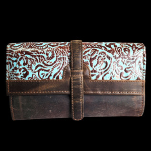 Genuine Leather Hand Tooled Vintage Brown & Turquoise Purse