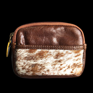 Leather Wallets Purses: Genuine Leather & Cow Hair Zip Purse / Wallet - Brown