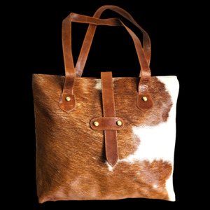 Leather Bags: Genuine Leather & Cow Hair Large Tote Bag - Brown