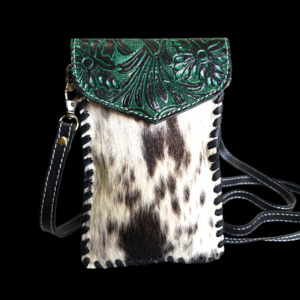 Genuine Leather & Cow Hair Shoulder Phone Bag - Green & Hair