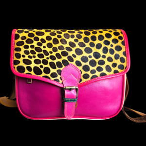 Genuine Leather & Cow Hair Shoulder Handbag - Patchwork Pink Leopard