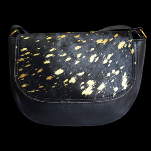 Genuine Leather & Cow Hair Shoulder Handbag - Black & Gold Splash