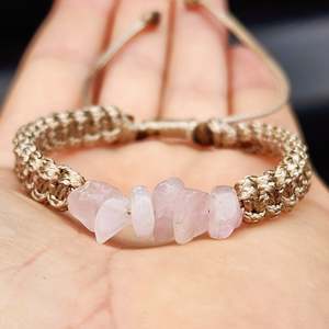 Amber Bracelets: Natural Rose Quartz Chip Tan Macrame Bracelet