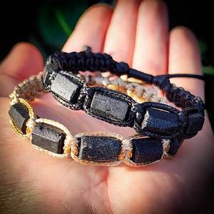 Amber Bracelets: Natural Raw Black Tourmaline Cylinder Macramé Bracelet (10X9)
