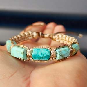 Amber Bracelets: Natural Turquoise Cylinder Tan Macramé Bracelet (10X12B)