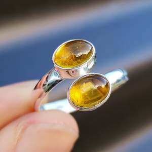 (Adjustable) Solid 925 Sterling Silver & Natural Citrine Double Setting Ring