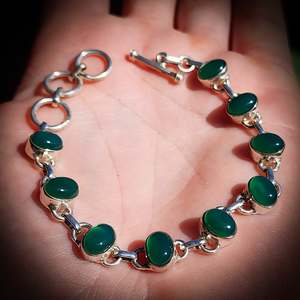Solid 925 Sterling Silver & Natural Green Onyx Handmade Chain Bracelet