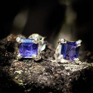 Earrings: Natural Iolite & Solid 925 Sterling Silver Square Stud Earrings