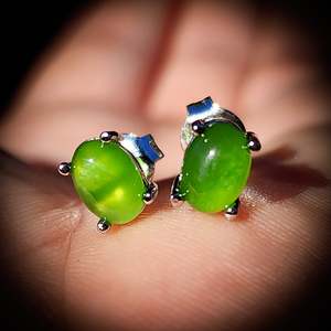 Natural Greenstone & 925 Sterling Silver Oval Stud Earrings