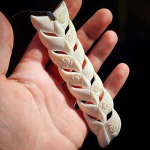 XL Natural Maori Bone Carving Pendant Necklace - Whale Tails