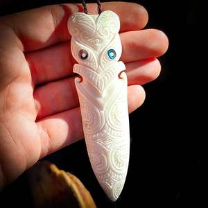 XL Natural Maori Bone Carving Pendant Necklace - Tiki Taiaha Head