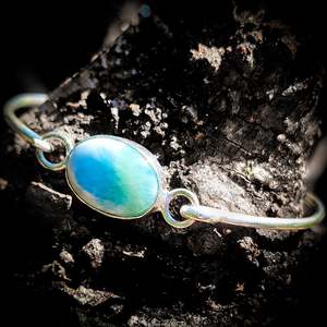 Solid Sterling Silver & Natural Larimar Rustic Handmade Bangle Bracelet (4A10A2)