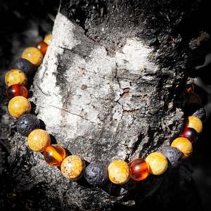 Polished Cognac Amber, Lava & Jasper Elastic Bracelet