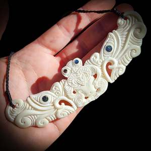 Bone Carings: Natural Maori Bone Carving Pendant Necklace - Double Manaia & Tiki