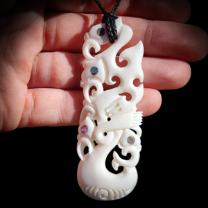 Natural Maori Bone Carving Pendant Necklace - Family of Manaia