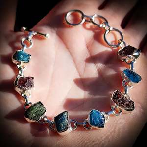 Sterling Silver Bracelets Bangles: Solid 925 Sterling Silver & Raw Mixed Gemstone Chain Bracelet