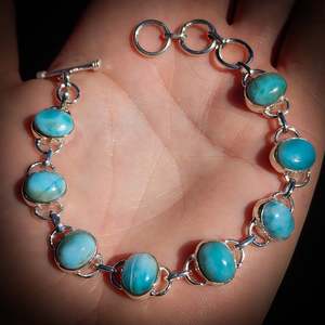 Sterling Silver Bracelets Bangles: Solid 925 Sterling Silver & Natural Larimar Handmade Chain Bracelet