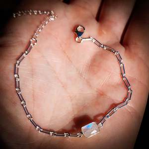 Sterling Silver Bracelets Bangles: Solid 925 Sterling Silver & Natural Moonstone Rectangle Chain Bracelet