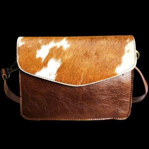 Leather Bags: Genuine Leather & Cow Hair Shoulder Bag - Brown