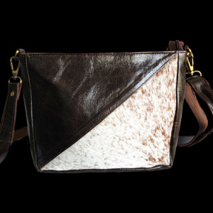 (CLEARANCE) Genuine Leather & Cow Hair Shoulder Bag - Dark Brown