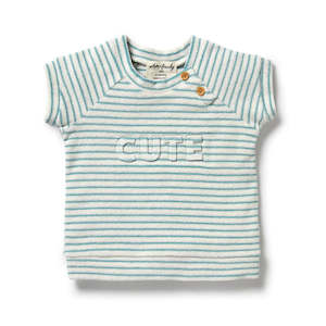 Baby Girl Tops: Wilson & Frenchy Organic Terry Short Sleeve Sweat - Mineral Blue Stripe