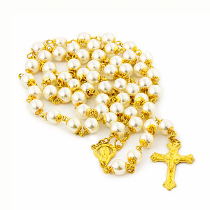 Catholic Pearl Bead Rosary Necklace – White Gold Finish