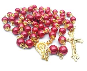 Red Pearl Rosary Necklace with Gold Crucifix