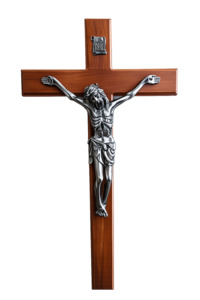 Cultural: Large Crucifix Wall Cross – Oak Wood & Silver Metal Corpus | INRI | 64 x 34cm | NZ