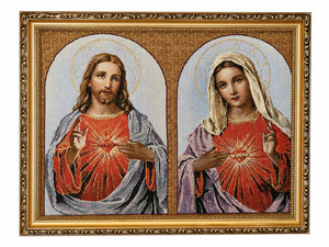 Cultural: Sacred Heart of Jesus & Immaculate Heart of Mary Gold Frame Tapestry – 42cm x 32cm