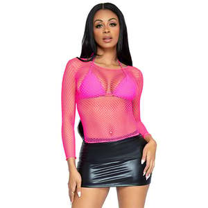Lingerie: Leg Ave Spandex Long Sleeve Net Shirt Pink OS